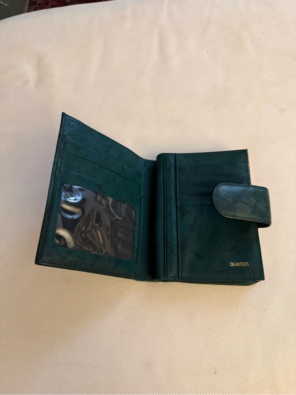 Vintage Buxton Top Grain Cowhide Leather Wallet Green Kiss Lock Coin Purse